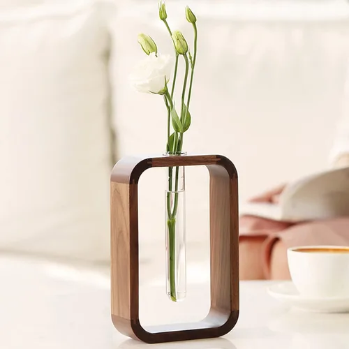 Vista 8 de Transprent - Jarrón de vidrio, tubo de ensayo, soporte para plantas hidrofílicas, marco de madera de nogal, soporte de flores, mesa de jardín