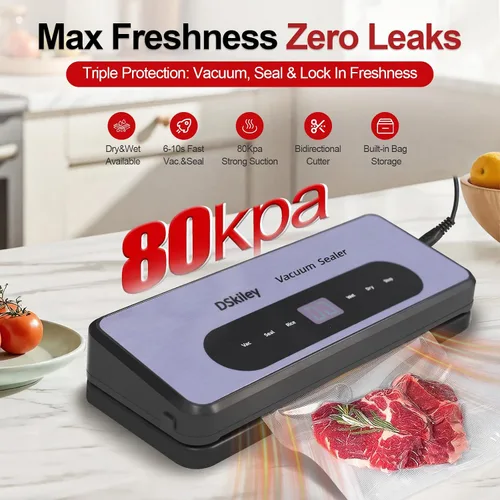 Vista 2 de Máquina selladora al vacío para conservación de alimentos, potente succión de 80 kPa, cortador integrado y kit de inicio, modos seco y húmedo