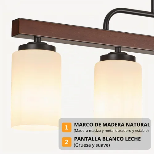 Vista 2 de Iluminación de madera para isla de cocina con pantalla de vidrio de leche 4 luces.