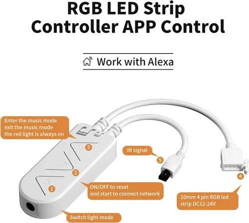 Vista 3 de PAUTIX Tira de luz LED RGB controlador inteligente inalámbrico, control remoto de 44 teclas y control de aplicación, sincronización de música