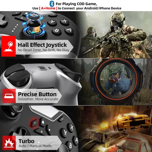 Vista 4 de Bluetooth Controller for Switch/PC/iPhone/Android/Apple Arcade MFi Games/TV/Steam, Hall Effect Joysticks Wireless Game Controller Gamepad with/Phone