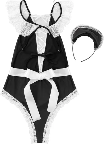Vista 7 de iiniim Womens Lace Up Criss Cross Lingerie Teddies French Maid Fantasy Cosplay Costume