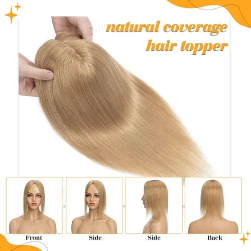 Vista 4 de S-noilite Toppers para el cabello humano real para mujer, sin flequillo, 14 pulgadas, #27 rubio oscuro, base de seda, clip en la parte superior