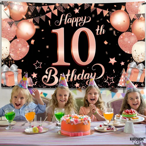 Vista 3 de KatchOn Cartel de cumpleaños número 10 de oro rosa - XL, 72 x 44 pulgadas Telón de fondo de feliz cumpleaños 10
