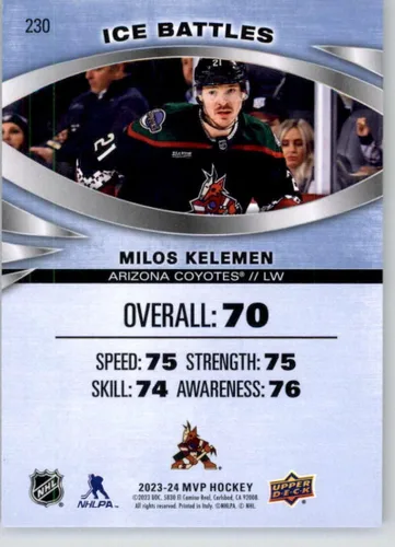 Vista 2 de 2023-24 Upper Deck MVP Hockey Ice Battles #230 Milos Kelemen RC Rookie Arizona Coyotes Official NHL UD Trading Card