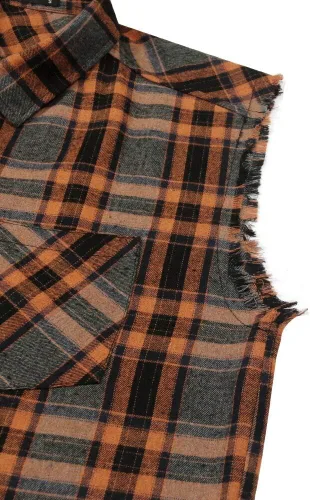 Vista 4 de Camisa sin mangas a cuadros para hombre, camisas vaqueras con botones