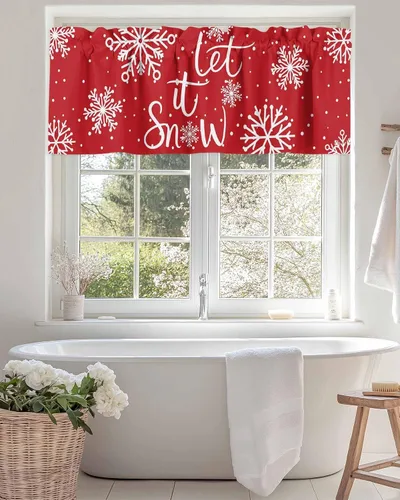 Vista 164 de Cenefa de cortina con lazo rojo de Navidad para ventanas, sala de estar, cocina, baño, granja, bolas de Navidad de acuarela con diseño de bayas