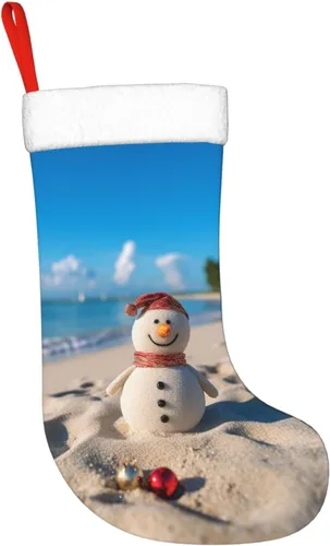 Vista 4 de Muñeco de nieve de arena en la playa, medias de Navidad de felpa personalizadas, decoraciones de medias colgantes de Navidad para vacaciones, fiesta