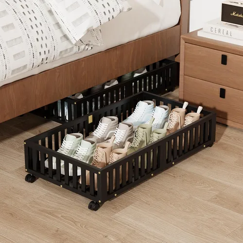 Vista 12 de Almacenamiento de bambú debajo de la cama con ruedas, caja organizadora de zapatos rodante debajo de la cama para zapatos, mantas, juguetes
