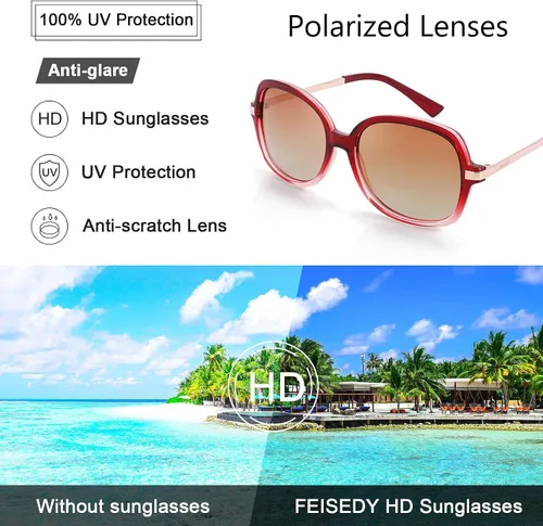 Vista 5 de FEISEDY Gafas de sol polarizadas elegantes clásicas para mujer, gafas de sol cuadradas anchas B2683