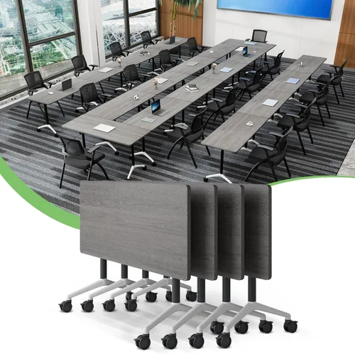 Vista 59 de Mesa de conferencias plegable con ruedas, mesa modular para sala de conferencias con 2 ojales para cables, mesas móviles de sala de reuniones