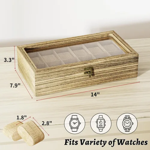 Vista 5 de SRIWATANA Caja de reloj, organizador de caja de reloj para hombres y mujeres, regalo del día del padre, 12 ranuras para reloj con tapa de cristal