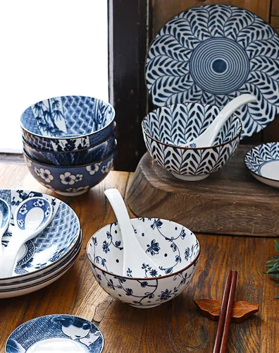 Vista 4 de Gegong Paquete de 6 cuencos de cerámica, cuencos de arroz de estilo japonés, cuencos de porcelana azul y blanca de 10 onzas, cuencos de cereales