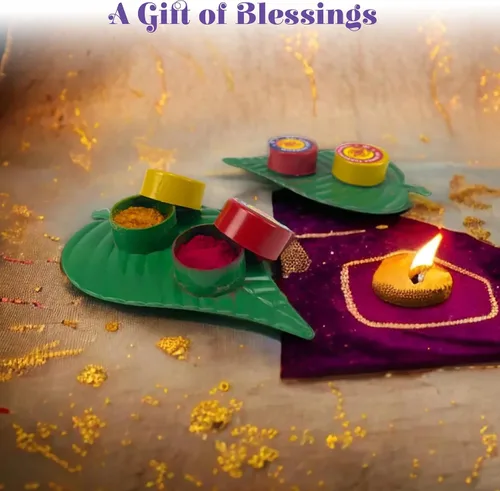 Vista 6 de LOVENSPIRE Haldi Kumkum - Juego de hojas de paquete (paquete de 10) decorativo de cúrcuma y sindoor combo para Pooja, regalo tradicional indio