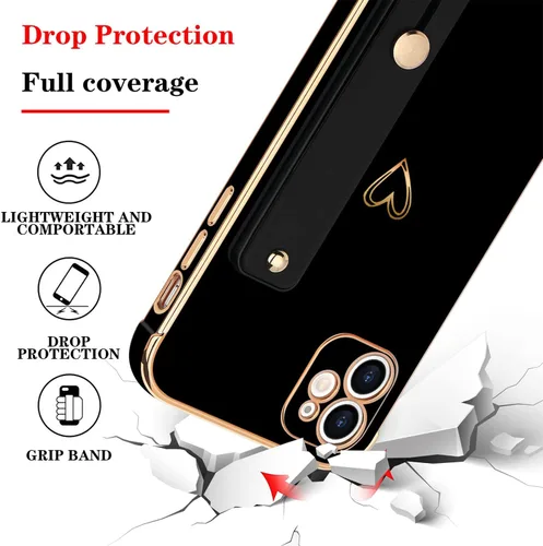 Vista 6 de LLZ.COQUE Funda compatible con iPhone 12 para mujeres y niñas, parachoques chapado de lujo con bonito diseño de corazón de amor, soporte de correa