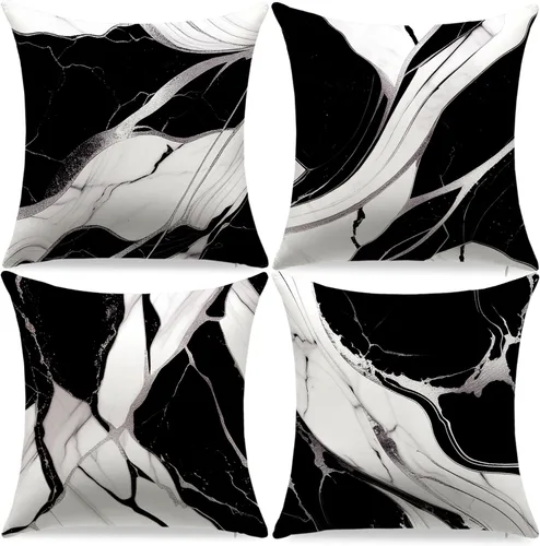 Vista 9 de Juego de 4 fundas de almohada negras y doradas, fundas de almohada de 18 x 18 pulgadas, almohadas geométricas abstractas a rayas para decoración