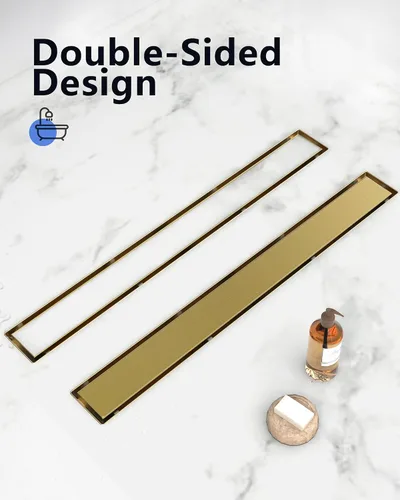 Vista 2 de YEFU Drenaje de ducha lineal dorado para baño: drenaje de ducha de 12 pulgadas con rejilla de inserción de azulejos - Drenaje lineal rectangular