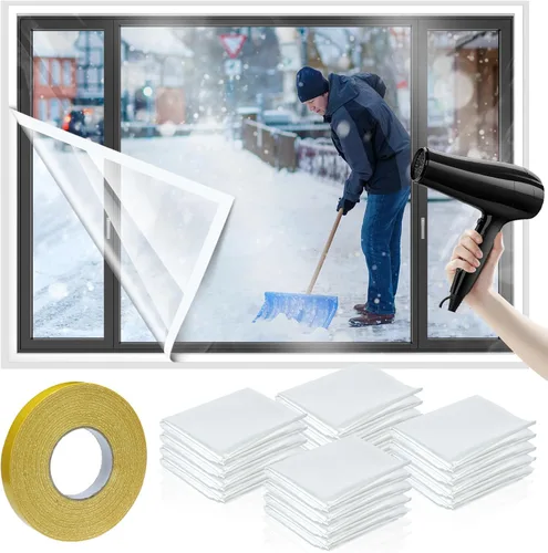 Vista 9 de Kit de aislamiento de ventana de 6 piezas de 47 x 63 pulgadas, película retráctil transparente cortable con cinta adhesiva de doble cara