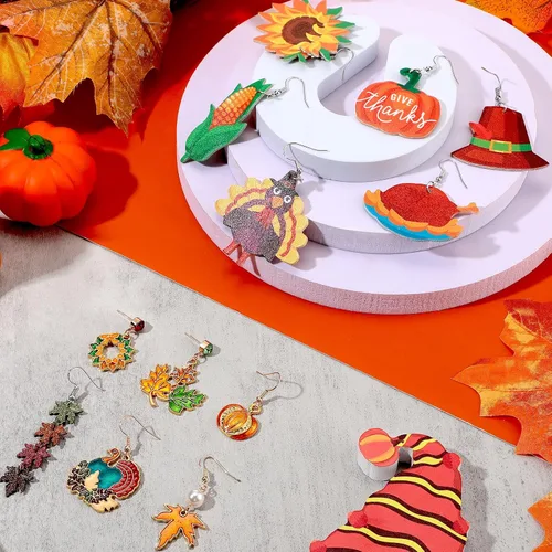 Vista 2 de 12 pares de aretes de Acción de Gracias a granel para otoño, calabaza, pavo, aretes colgantes para Acción de Gracias, otoño, joyería para mujeres