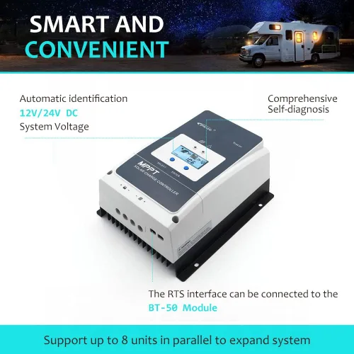 Vista 4 de EPEVER Controlador de carga solar MPPT 50A 12V/24V/36V/48V DC Identificación automática del voltaje del sistema Max.PV 150V Regulador del panel