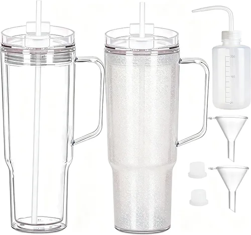 Vista 16 de Vasos de plástico de 40 onzas con asa, tapa de rosca con popote incluido, botella de agua reutilizable de doble pared a prueba de fugas, taza