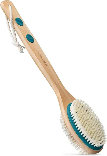 Vista 10 de MainBasics - Cepillo de ducha para espalda, lavanda, mango largo Cepillo corporal de doble cara, cerdas exfoliantes y cerdas suaves, limpieza