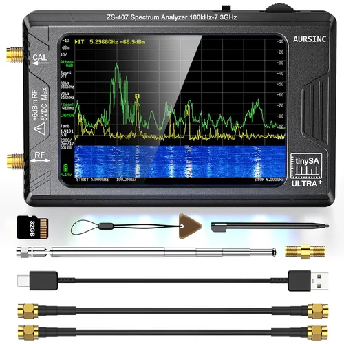 Vista 10 de AURSINC Analizador de espectro TinySA Ultra+ ZS406, 4.0 pulgadas, 100 kHz-5.4 GHz, analizador de frecuencia portátil con tarjeta de 32 GB, HW