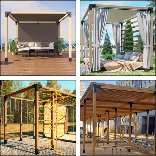 Vista 8 de Kit de soportes para pérgola 4 x 4, soportes de esquina de carpintería con recubrimiento de polvo de 3 vías, 2 hombros de soporte y 2 bases