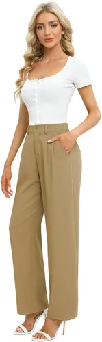 Vista 5 de Feiersi Pantalones de trabajo de negocios para mujer, de cintura alta, pantalones de pierna ancha, pantalones largos y rectos con bolsillo