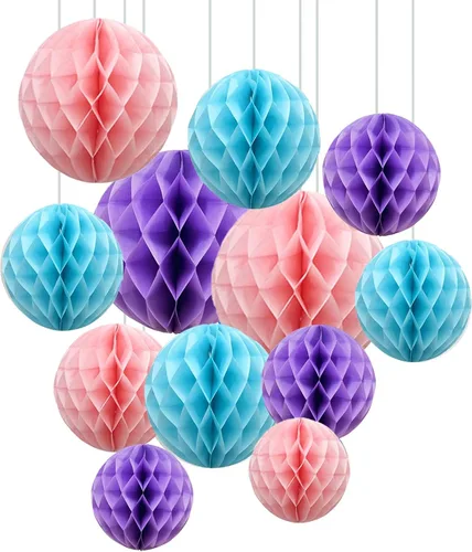 Vista 21 de ZOOYOO 12 piezas 15 cm 25 cm bolas de panal decorativas de papel de seda con pompones colgantes para cumpleaños, baby shower, boda, compromiso, Azul