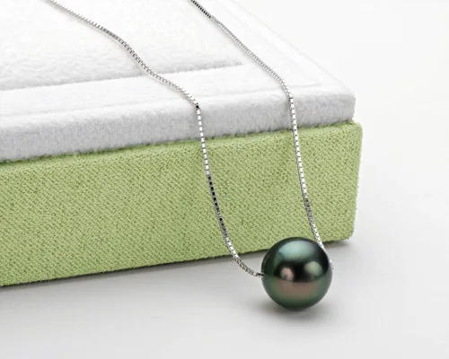 Vista 6 de 18K Gold Tahitian Black Pearl Necklace for Women, 10-11mm Tahitian Seawater Cultured Floating Single Pearl Pendant with Sterling Silver Chain