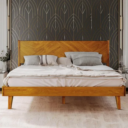 Vista 11 de Gazelle Signature - Marco de cama con cabecera alta de plataforma de madera maciza, marco de cama Queen, cama de madera natural Art Deco compatible
