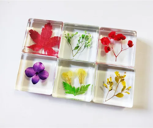 Vista 2 de Pisapapapeles de flores, 6 piezas de resina para escritorio con muestras de flores prensadas reales, decoración de mesa, cubo cuadrado transparente