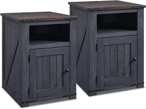 Vista 7 de IFGET - Mesita de noche con estación de carga, mesa auxiliar de 20" estilo granja con puerta de granero, mesa de sofá rústica de madera para cama