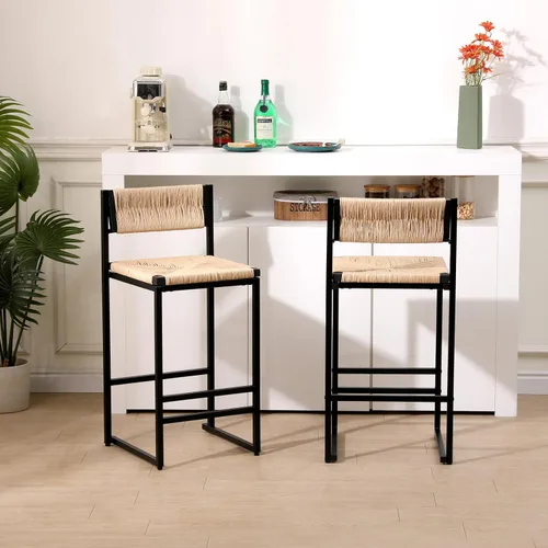 Vista 11 de Juego de 2 taburetes de bar modernos tapizados de piel sintética sin brazos con respaldo para bar en casa, comedor, isla de cocina, bistró, club