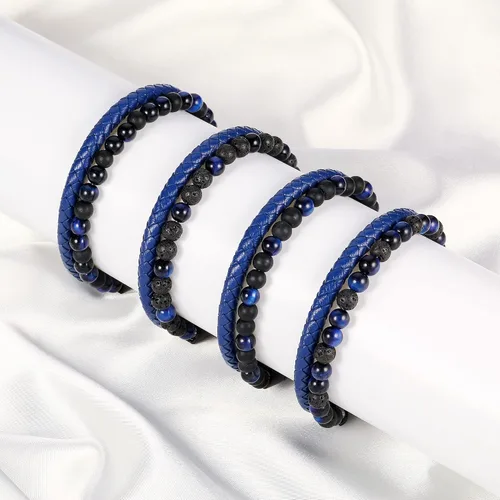 Vista 8 de LUXEJEW Gifts for Men - Mens Bracelet, Beaded Leather Bracelets for Men 6mm Tiger Eye Lava Rock Stone Handmade Bracelets Adjustable Stainless Steel