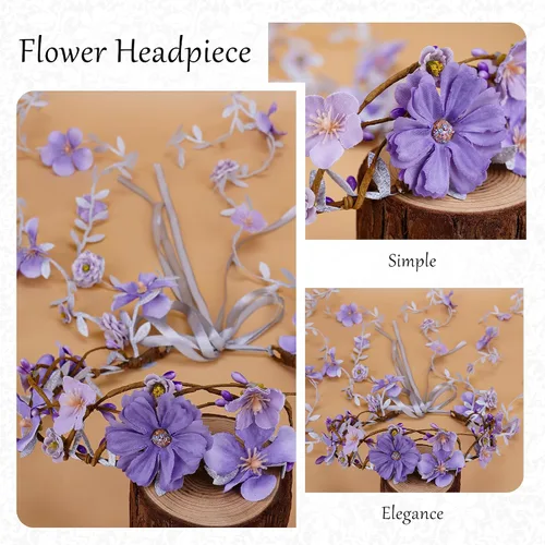 Vista 5 de Diadema de flores para mujeres - Corona floral de hadas para princesa, diadema floral para Renacimiento, feria renacentista, cosplay de boda