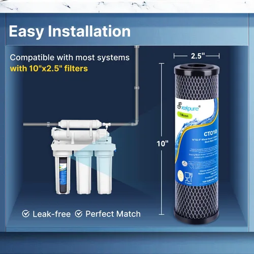 Vista 6 de EXCELPURE Cartucho de repuesto de filtro de agua de carbono CTO de 1 micra, 25,4 x 6,3 cm, para sistema de filtro de agua de encimera para el hogar