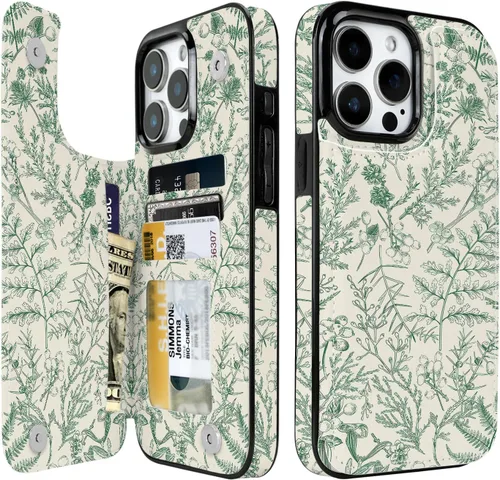 Vista 22 de Funda compatible con iPhone 14/15 con tarjetero y ranuras integradas de piel sintética con función atril y a prueba de golpes para iPhone 14/15