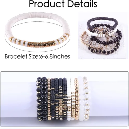 Vista 2 de 14Pcs 12Pcs Heishi Clay Bead Bracelets For Women, Boho Colorful Surfer Stackable Crystal Beads Bracelets Set Summer Beach Jewelry Negro+Blanco