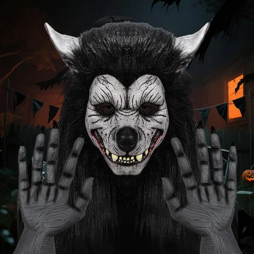 Vista 6 de Máscara de hombre lobo, guantes de garra, disfraz de lobo de terror