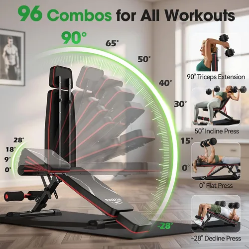 Vista 13 de FLYBIRD Adjustable Weight Bench, Full Body Workout Bench for Home Gym-XL Extended Headrest Fits Users Up to 6'5", 8 Backrest, 4 Seat and 3 Leg Negro