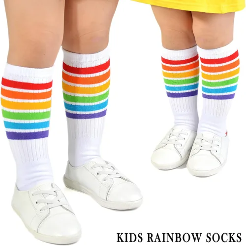 Vista 7 de EPEIUS Calcetines altos a la rodilla con rayas arco iris para bebé, medias de tubo antideslizantes, calcetines de fútbol para niños pequeños y niños