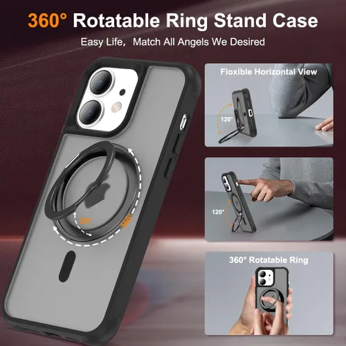 Vista 2 de Funda para iPhone 11 de 6.1 pulgadas con soporte de anillo magnético giratorio de 360°, compatible con MagSafe ligera y translúcida mate, funda