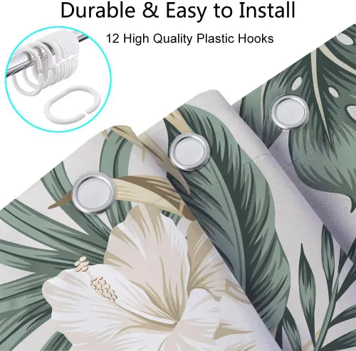 Vista 7 de DYNH Cortina de ducha para baño, diseño de plantas tropicales, plantas tropicales, caravanas, hojas de palmera verde salvia, beige, bonita