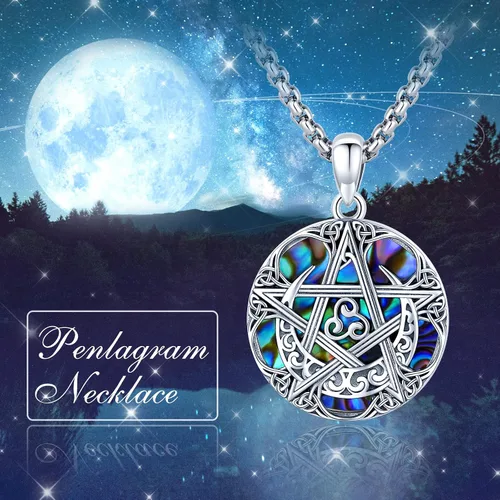 Vista 9 de Collar de pentagrama de plata de ley con triple luna, diosa celta, nudo celta, nudo de brujas, Ankh, sol y luna, Hécate, lilith, Santa Muerte