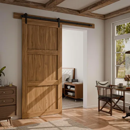 Vista 3 de CCJH Kit de herrajes para puerta corrediza de granero de 4 pies, resistente, suave y silencioso, fácil de instalar, se adapta a paneles de una sola