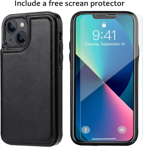 Vista 4 de Funda tipo cartera compatible con iPhone 13, funda protectora delgada con tarjetero, cuero PU con soporte y ranuras para tarjetas con un cristal