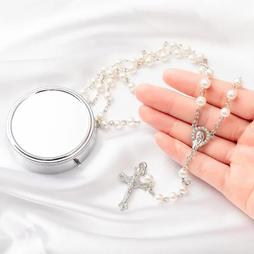 Vista 3 de YQZIYOU Cuentas de Rosario Católico - Regalos de Confirmación para Adolescente, Caja de Regalo de Metal Estilo Simple Plateado, Rosario de Perlas