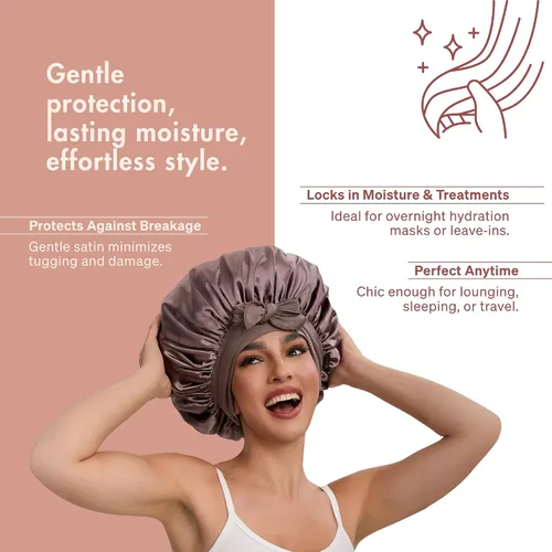 Vista 5 de LUCE Gorro de seda de satén para dormir, gorro de satén XL de doble capa de 600 hilos para mujer, gorro para dormir con lazo ajustable